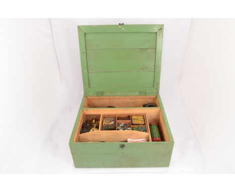 Collection of Meccano in home made wooden box, including blue, red, gold lattice and standard plates, green strips, various P