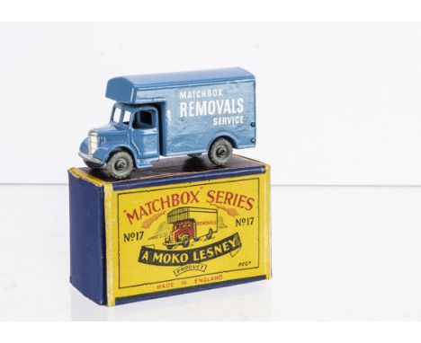 A Matchbox Lesney 1-75 Series 17a Bedford Removals Van, light blue body, silver trim, MW, in original type B1 box, E, small s