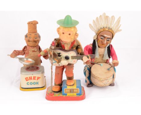 Three Japanese Tin and Plastic battery-operated Automata, Yonezawa Chef with rubber head, card hat, saucepan and steak and bo