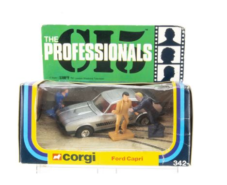 A Corgi Toys 342 'The Professionals' Ford Capri, silver body, dish hubs, figures of Cowley, Bodie and Doyle, in original wind