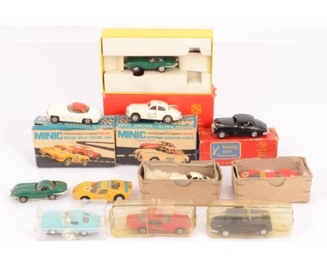 Tri-ang Minic Motorway Cars,  M1559 E-Type, in rectangular box, black Jaguar, in poor box, white/red Mercedes and white Polic