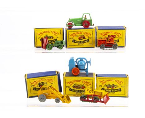 Matchbox Lesney 1-75 Series Construction Vehicles, 8a Caterpillar Tractor, orange body, 18a Caterpillar Bulldozer, 3a Cement 