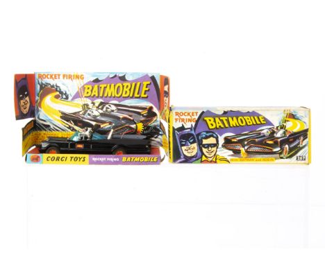 A Corgi Toys 267 Batman's Batmobile, gloss black body, 'Bat' logo hubs, Batman &amp; Robin figures, in original box with disp