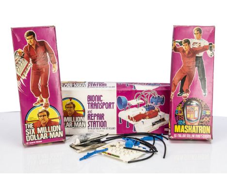 Denys Fisher Six Million Dollar Man Toys, Maskatron with three masks, suction arm, vice grip arm, shirt, trousers, shoes and 