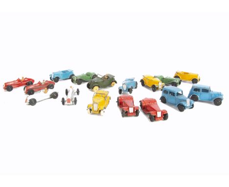 Dinky Toys 35 Series Cars, 35a Saloon Car (2), both blue, 35b Racer (4), two silver, two red, one red example appears to be l