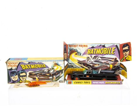 A Corgi Toys 267 Batman's Batmobile, gloss black body, 'Bat' logo hubs, Batman &amp; Robin figures, in original box with disp