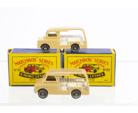 Matchbox Lesney 1-75 Series 29a Bedford Milk Delivery Van, two examples, both light brown body, white load, one with MW, one 