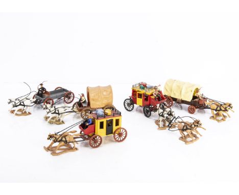 Timpo Toys loose Wild West wagons comprising grey No. 272 Buckboard,  1st type 2-horse Wells Fargo Stage Coach No.270, Covere