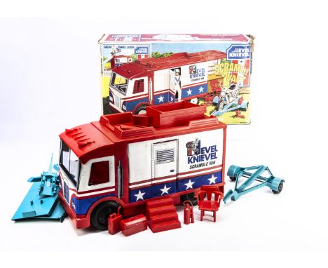 Ideal Toys Evel Knievel Scramble Van, with Jump Ramp, Cycle Jack, Cycle Trailer, Workbench, Tools and other accessories, in o