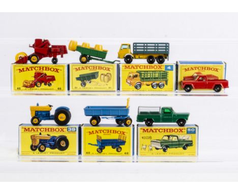 Matchbox Lesney 1-75 Series Farm Models, 4d Dodge Stake Truck, 65c Claas Combine Harvester, 51b Tipping Trailer, 39c Ford Tra