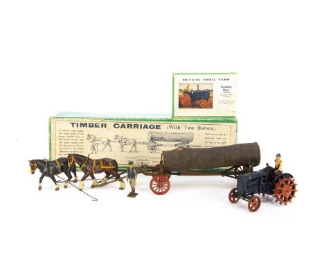 Britains boxed pre WW2 version 12F Timber Carriage and 127F Spud Wheel Tractor in uncommon 'wide' box which allows the tracto