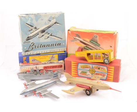 British Plastic &amp; Tinplate Toys, Mettoy B.O.A.C Bristol Britannia No.2026, friction drive Sparking Jet Plane No.2020, fri