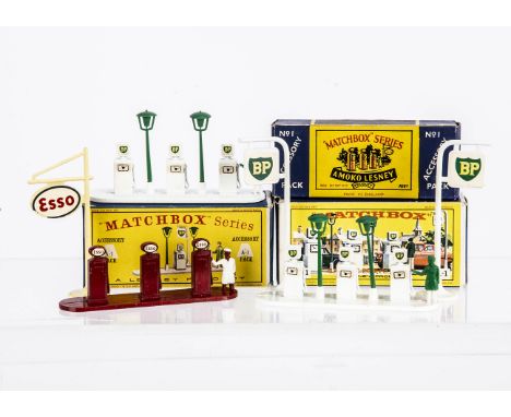 Matchbox Lesney 1-75 Series Accessory Pack Petrol Pumps, A-1a Esso Petrol Pump Set, A-1b BP Petrol Pump Set (2), all complete