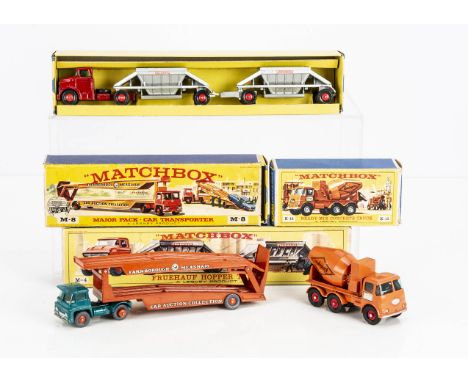 Matchbox Major Packs & King-Size, M8 Guy Warrior Car Transporter, blue-green cab, orange trailer, decals in white with black 