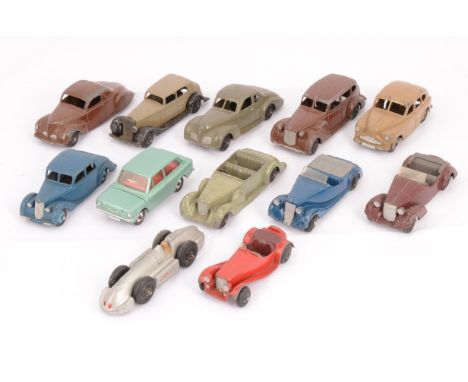 Dinky Toy Cars, including scarce 40a Riley Saloon, mid blue body, light blue hubs, 38f Jaguar SS100, 38d Alvis Sports Tourer,