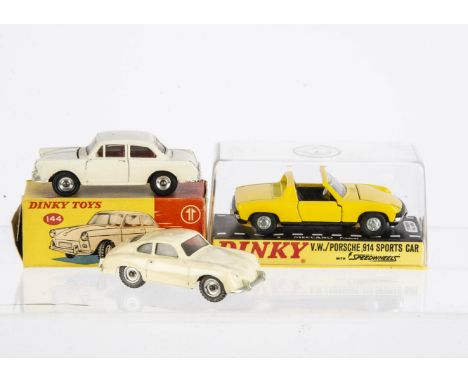 Dinky Toy Cars, 208 VW/Porsche 914 Sports Car, 144 Volkswagen 1500, off-white body, red interior, spun hubs, in original boxe