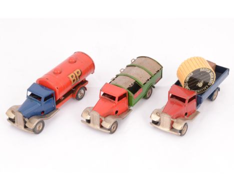 Tri-ang Minic Tinplate clockwork Lorries, 15M blue and red BP Tanker, 32M red and green Dust Cart (some light rust to shutter