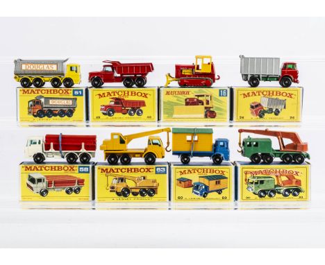 Matchbox Lesney 1-75 Series Construction Vehicles, 30c 8 Wheel Crane, 60b Site Hut Truck, 63c Dodge Crane Truck, 58c DAF Gird