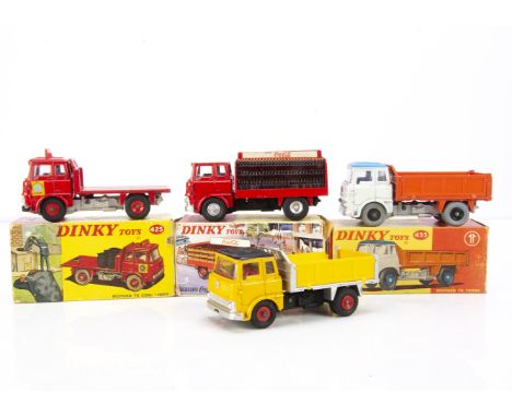 Dinky Toy Bedford TK Lorries, 425 Bedford TK Coal Lorry, 402 Bedford Coca-Cola Truck, 435 Bedford TK Tipper, grey cab, blue r