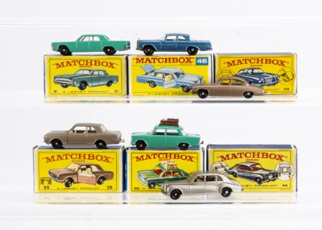 Matchbox Lesney 1-75 Series Cars, 44b Rolls-Royce Phantom V, 56b Fiat 1500, 25d Ford Cortina, 28c Jaguar Mk.10, 46c Mercedes-