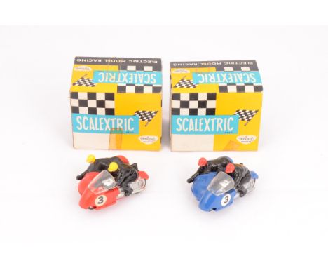 Tri-ang Scalextric B2 Hurricane Motorbike &amp; Sidecar, two examples, first red, RN3, second blue, RN3, in original boxes, V