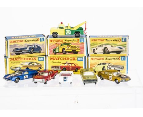 Early Issue Matchbox Superfast, 5A Lotus Europa, dark metallic blue body, RN20, 13A Dodge Wreck Truck, 31A Lincoln Continenta