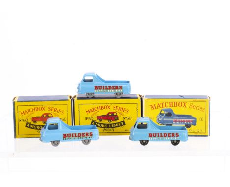 Matchbox Lesney 1-75 Series 60a Morris J2 Pick-Up, three examples, all light blue body, first 'Supply Company' in white, fine