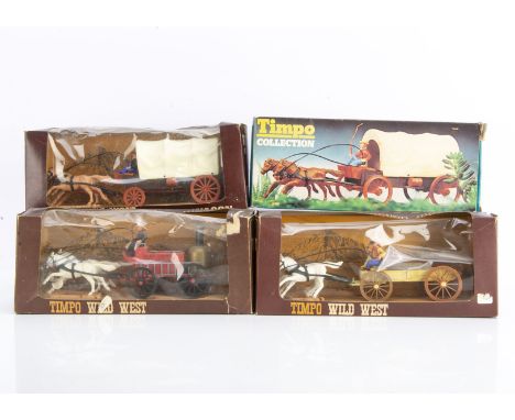 Timpo Toys Wild West series boxed wagons comprising set 271 Covered Wagon in 1st type picture box, G in G box (1 barrel snapp