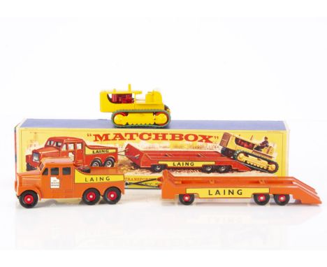 A Matchbox King-Size K-8 Prime Mover &amp; Transporter With Caterpillar Tractor, orange Scammell Tractor and Trailer, red pla