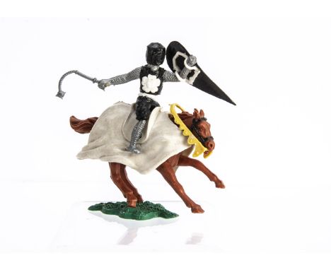 Timpo Toys rare mounted Medieval Knight in black with white rose on chest and black helmet,  VG, 