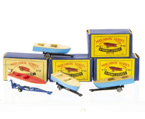 Matchbox Lesney 1-75 Series Sports Boat &amp; Trailer, 48a Meteor, three examples, first light tan boat, black MW trailer, se