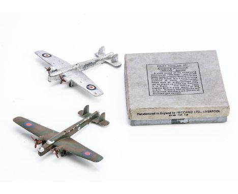 Pre-War Dinky Toys 60v Armstrong Whitworth Bomber, silver body, RAF roundels, two red three blade props, gliding hole, in ori