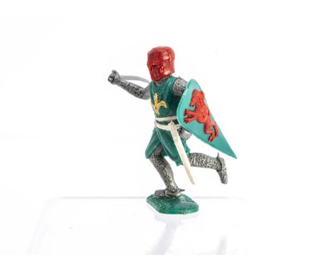 Timpo Toys rare foot Medieval Knight in green with yellow fleur de lys on chest and red helmet,  VG, 