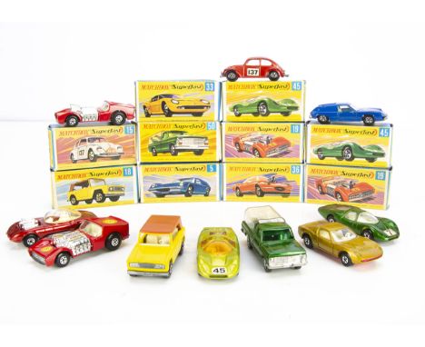 Early Issue Matchbox Superfast, 33 Lamborghini Miura, pink-red base, 45 Ford Group 6 (2), 19 Road Dragster (2), 50 Kennel Tru