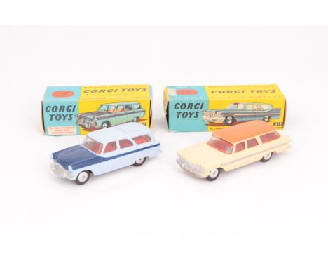 Corgi Toys 424 Ford Zephyr Estate Car, pale blue body, dark blue bonnet, red interior, flat spun hubs, 219 Plymouth Sports Su