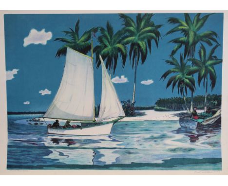 Buell Whitehead (Florida, 1919 - 1993) "Copra Time" Lithograph. Pencil Signed, Titled, and numbered (97/125) in lower margin.
