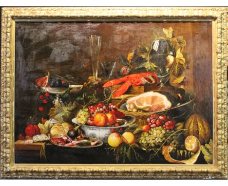 Monumental 17th/18th C. Still Life Painting, Follower of Willem Kalf (1619-1693). Dutch still life with fruit, lobster, Chine