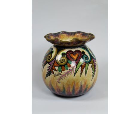 Signed, Quimper Art Pottery Vase. Marked on base. Condition: minor chip to top rim, possible sign of minor crack to inner rim