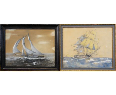 (2) Mixed Media Nautical Paintings. One signed and dated lower right. The other titled "Old Ironsides" and dated verso.(L-R) 