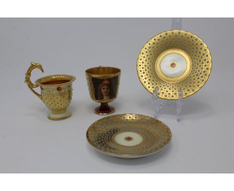 (2) Antique Gilt Porcelain Cups and Saucers, Signed on bottom. Marked Dresden. Saucer Diameter: 4.25 in.