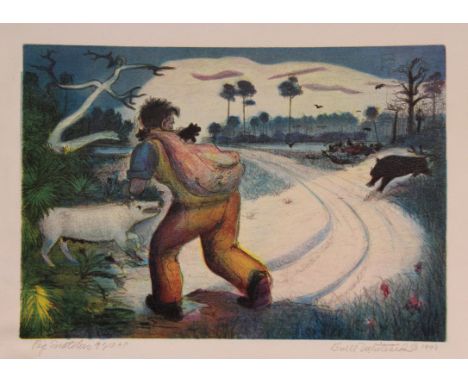 Buell Whitehead (Florida, 1919 - 1993) Lithograph of a hunter trapping pigs. Pencil signed and titled in lower margin. Titled