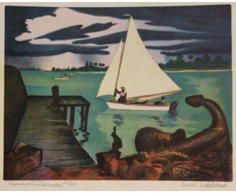 Buell Whitehead (Florida, 1919 - 1993) 'Nassau Fishermen" Lithograph. Pencil signed, titled and numbered (125/350) in lower m