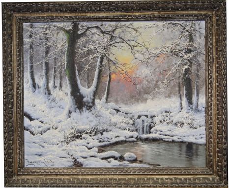 Laszlo Neogrady (Hungary, 1896 - 1962) Winter Landscape with Stream in the Evening Light. Oil on canvas. Signed lower left.Si