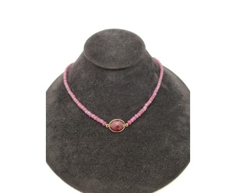 10K Gold &amp; Ruby Beaded Necklace. Stamped 'India' and 10K on clasp. Length: 18 in.