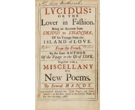 Behn (Aphra).- Tallemant (Paul) Lycidus: or the Lover in Fashion. Being an account from Lycidus to Lysander, of his voyage fr