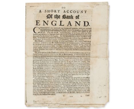 [Godfrey (Michael)] A Short Account of the Bank of England, 8pp., the full sheet folded to quarto, last f. repaired at foot, 