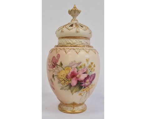 Royal Worcester blush ivory ground pot pourri vase, cover and liner, early 20th century, printed puce marks, shape number 204