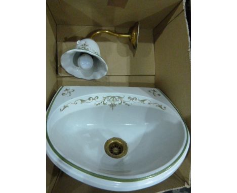 Edwardian-style ceramic basin, white with green foliate decoration and a matching wall lamp (2) Condition ReportNo obvious cr