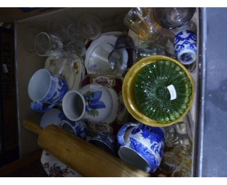 Assorted ceramics including various blue and white enamel plates, a JHW & Sons, Hanley part cake plate, a Japanese-style vase