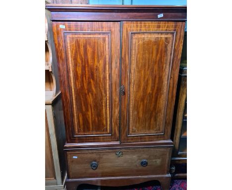 19th century mahogany and satinwood banded linenpress with two doors opening to reveal linen shelves, with single deep drawer